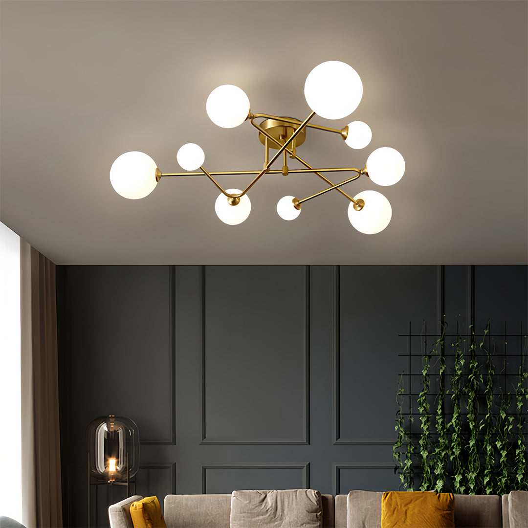 Nordic Gold Semi Flush Mount Ceiling Light with Milk Glass Shades