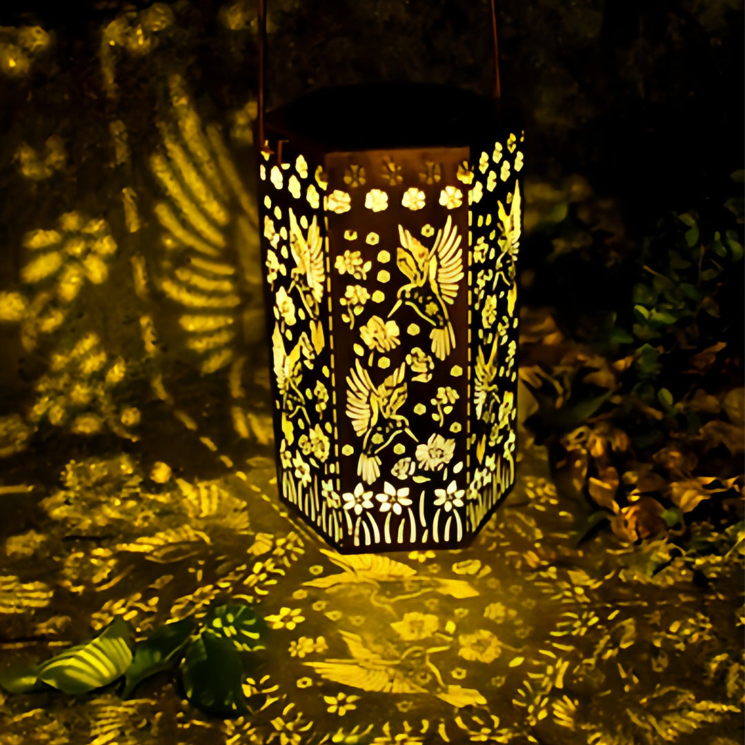 Solar-Powered Wrought Iron Outdoor Lantern with Nature Motifs