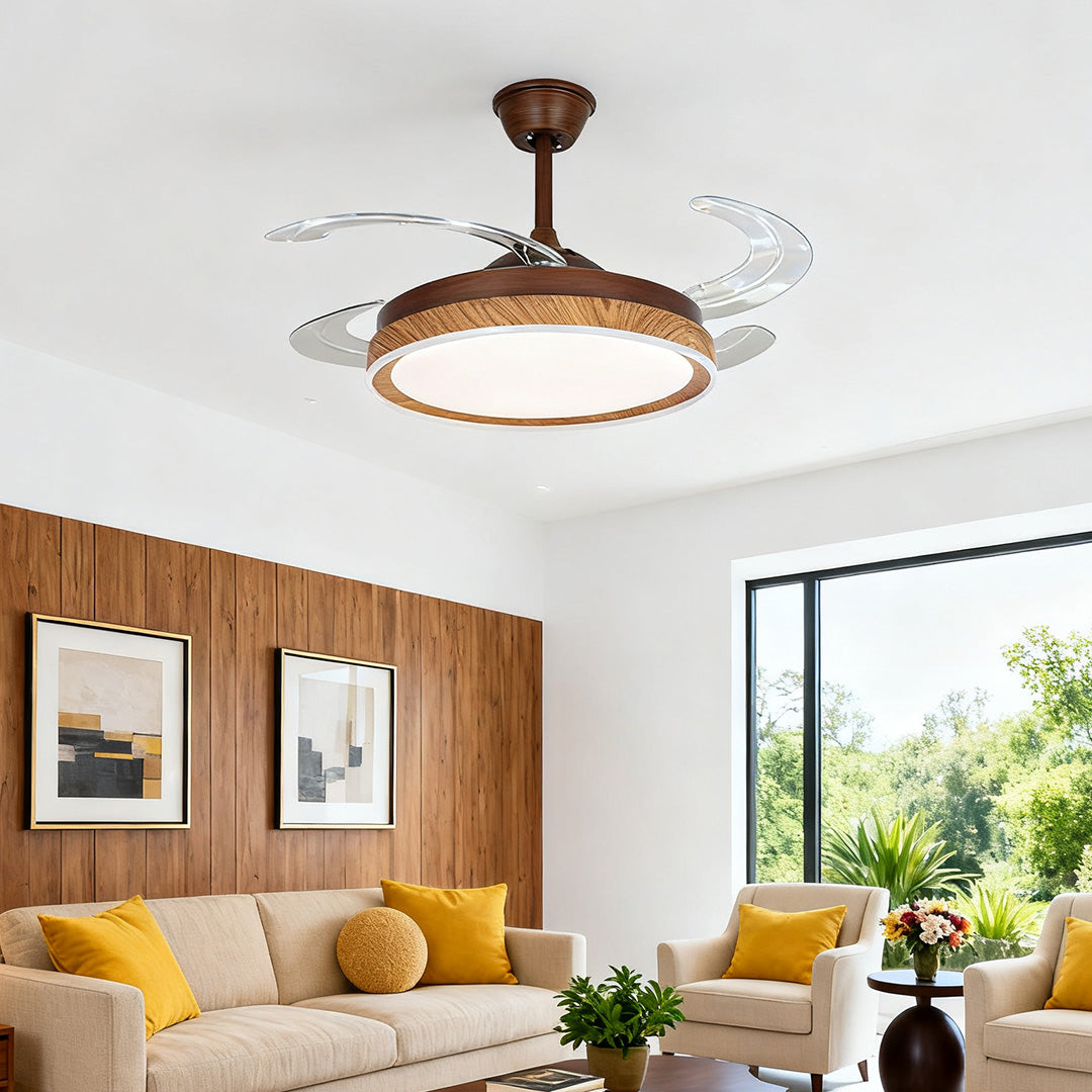 Walnut Wood Ceiling Fan with Four Lights, Silent LED Dimmable