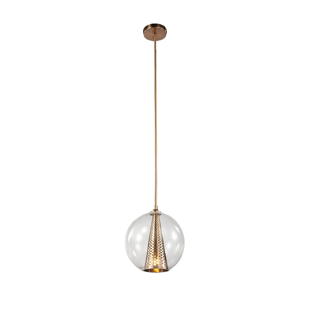 Brass Glass Ball Pendant Light with Perforated Metal Cone