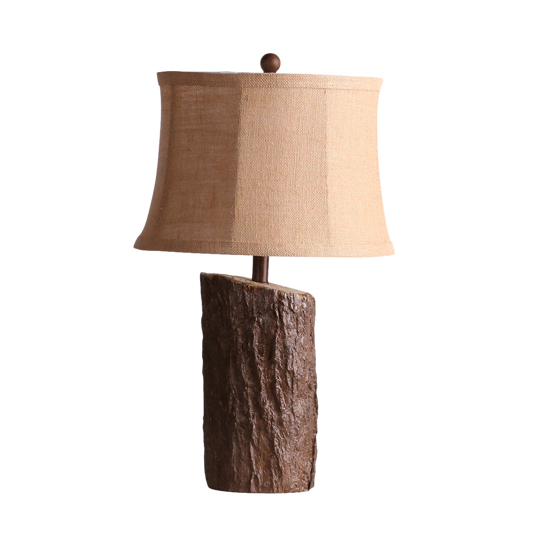 Rustic Bark-Textured Table Lamp with Linen Shade for Cozy Interiors