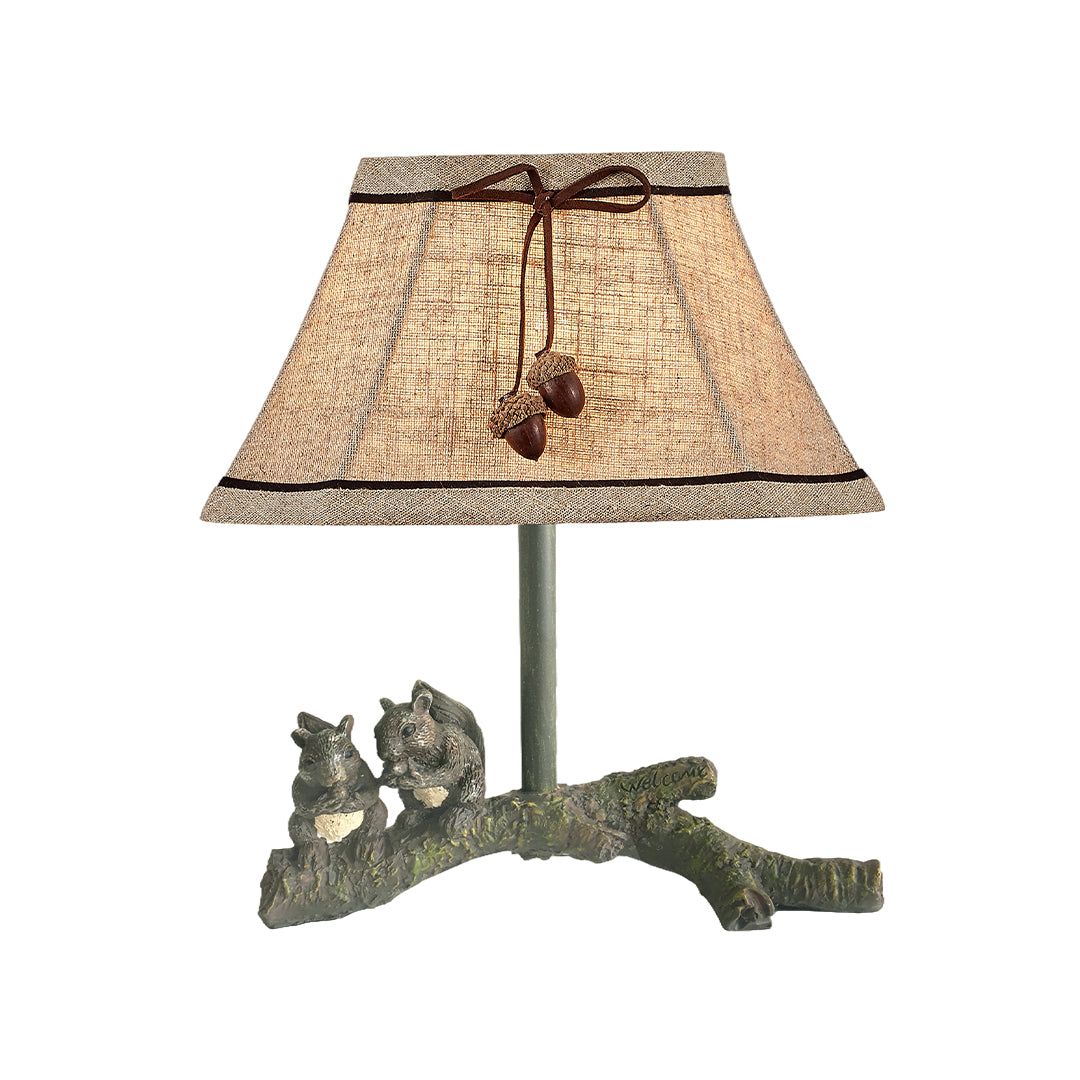 Sculptural Squirrel Table Lamp with Beige Linen Shade, French Countryside Decor
