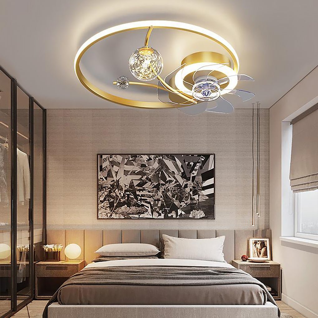 Round Flush Mount Ceiling Fan with LED Light and Remote – Modern Kids Room Fan in Black or Gold