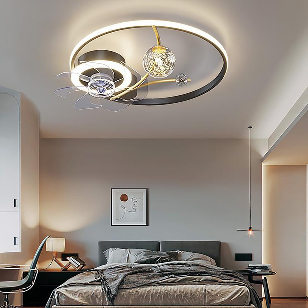 Round Flush Mount Ceiling Fan with LED Light and Remote – Modern Kids Room Fan in Black or Gold