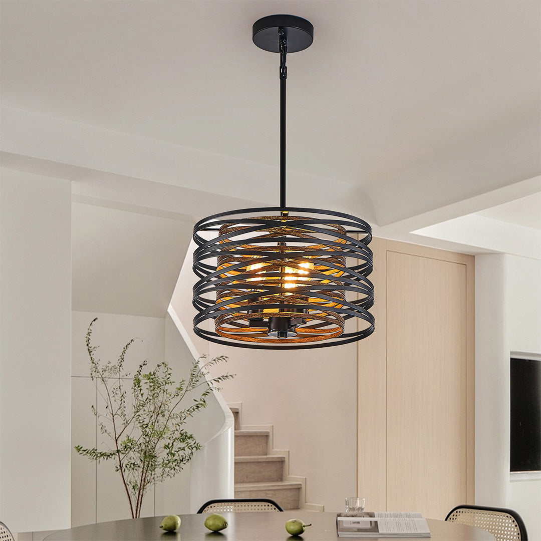 Walnut Accent Black Iron Drum Pendant Light, Adjustable Cylinder Ceiling Lamp