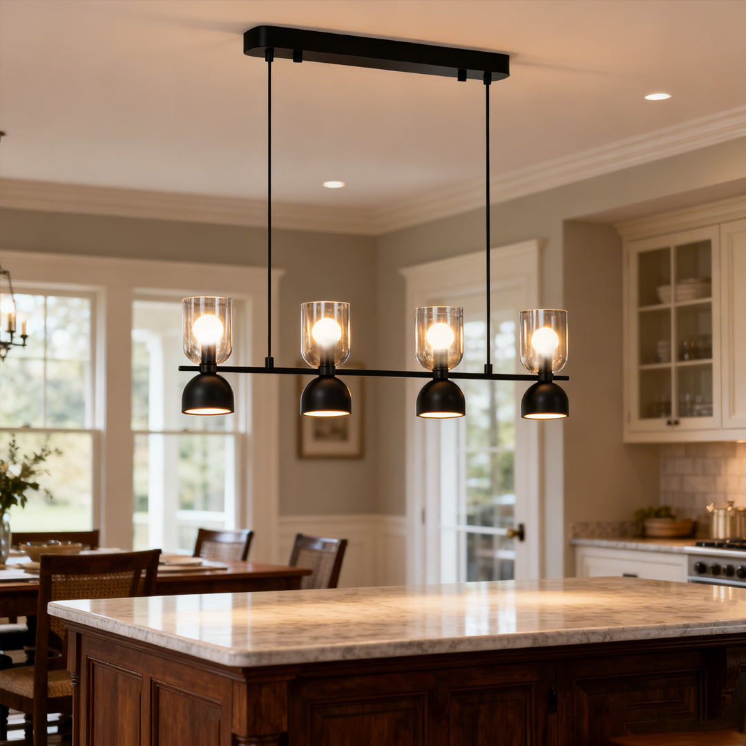 Linear Glass Pendant Chandelier with Adjustable Height, Matte Black