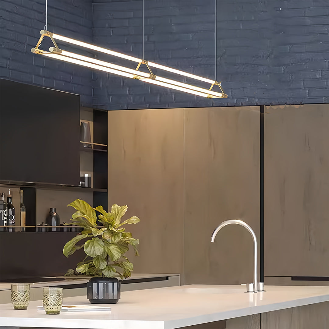 Slim Linear LED Pendant Light with Dimmable Brass Finish for Kitchen Island