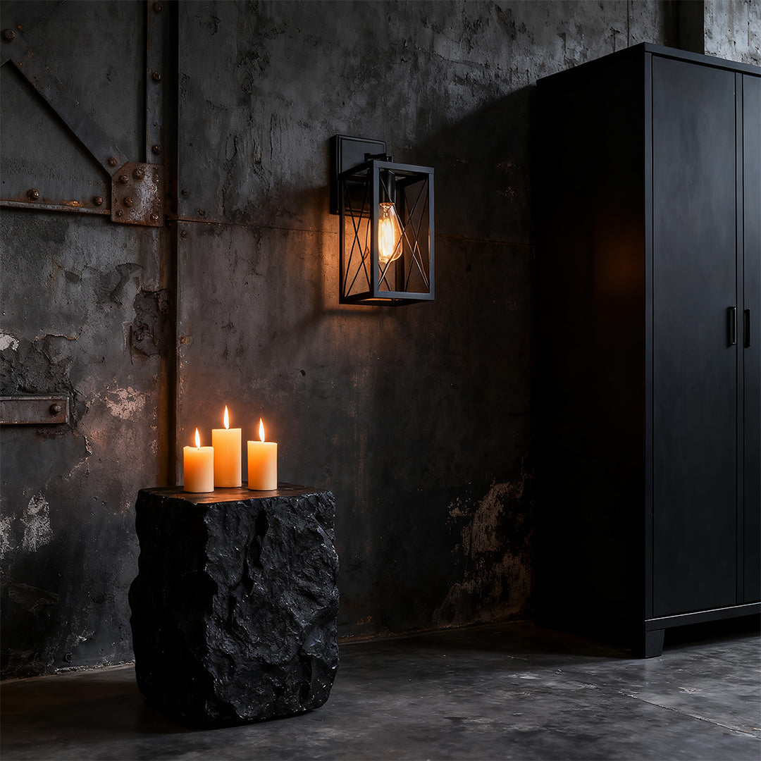 American Black Iron Lantern Wall Sconce for Vintage Industrial Interiors