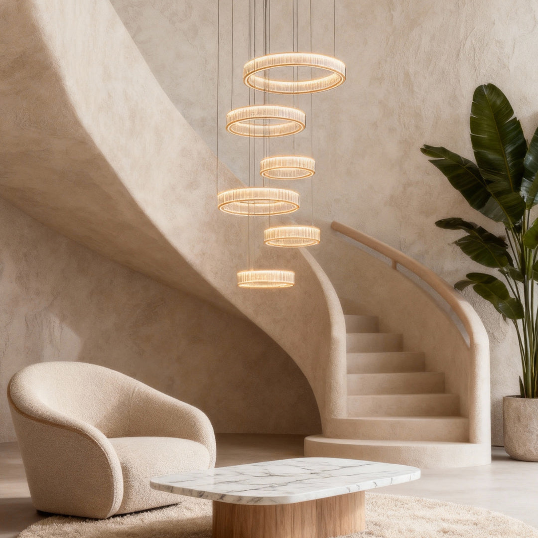 Aurelia Crystal Chandelier – Layered Gold Aluminum & LED Hanging Light