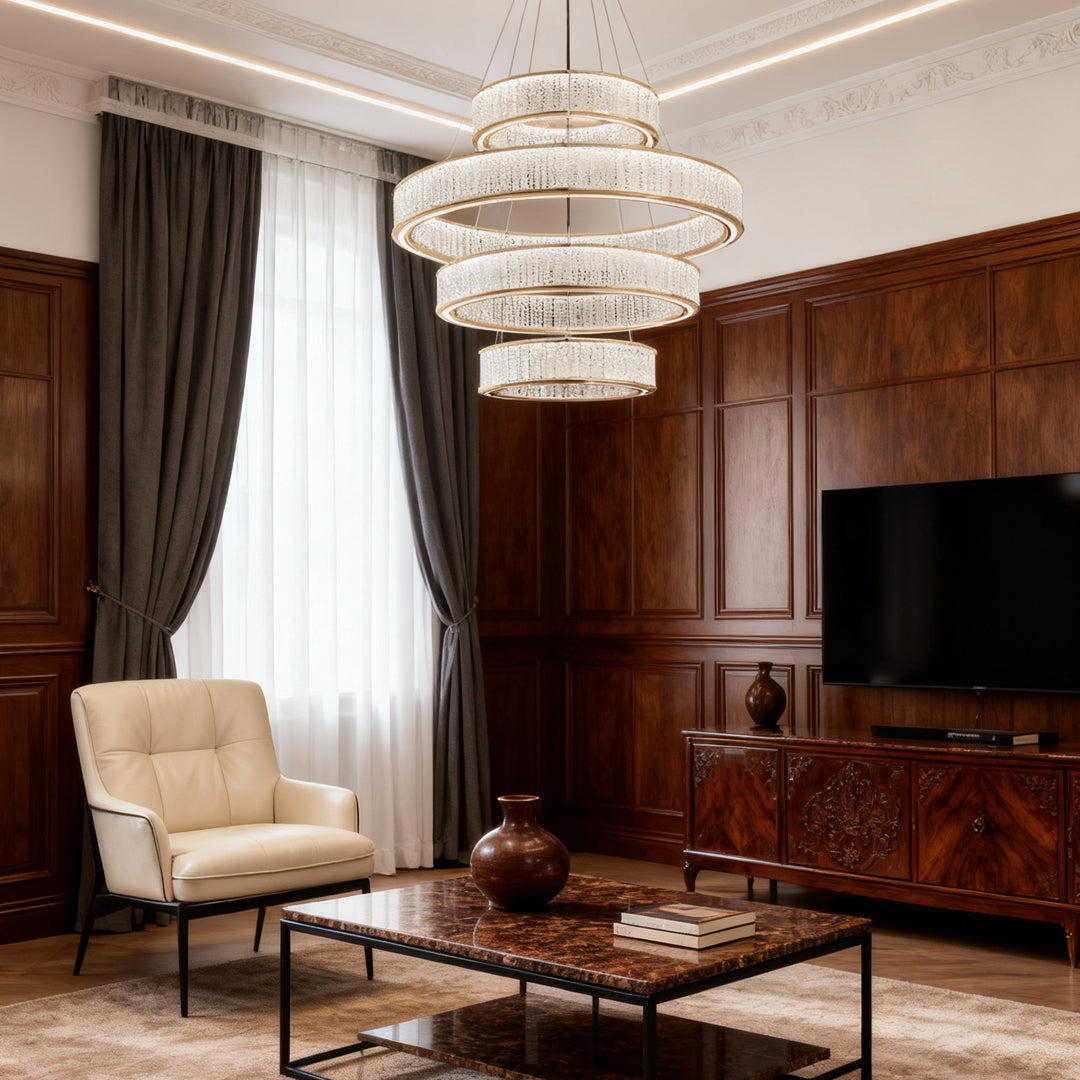 Aurelia Crystal Chandelier – Layered Gold Aluminum & LED Hanging Light
