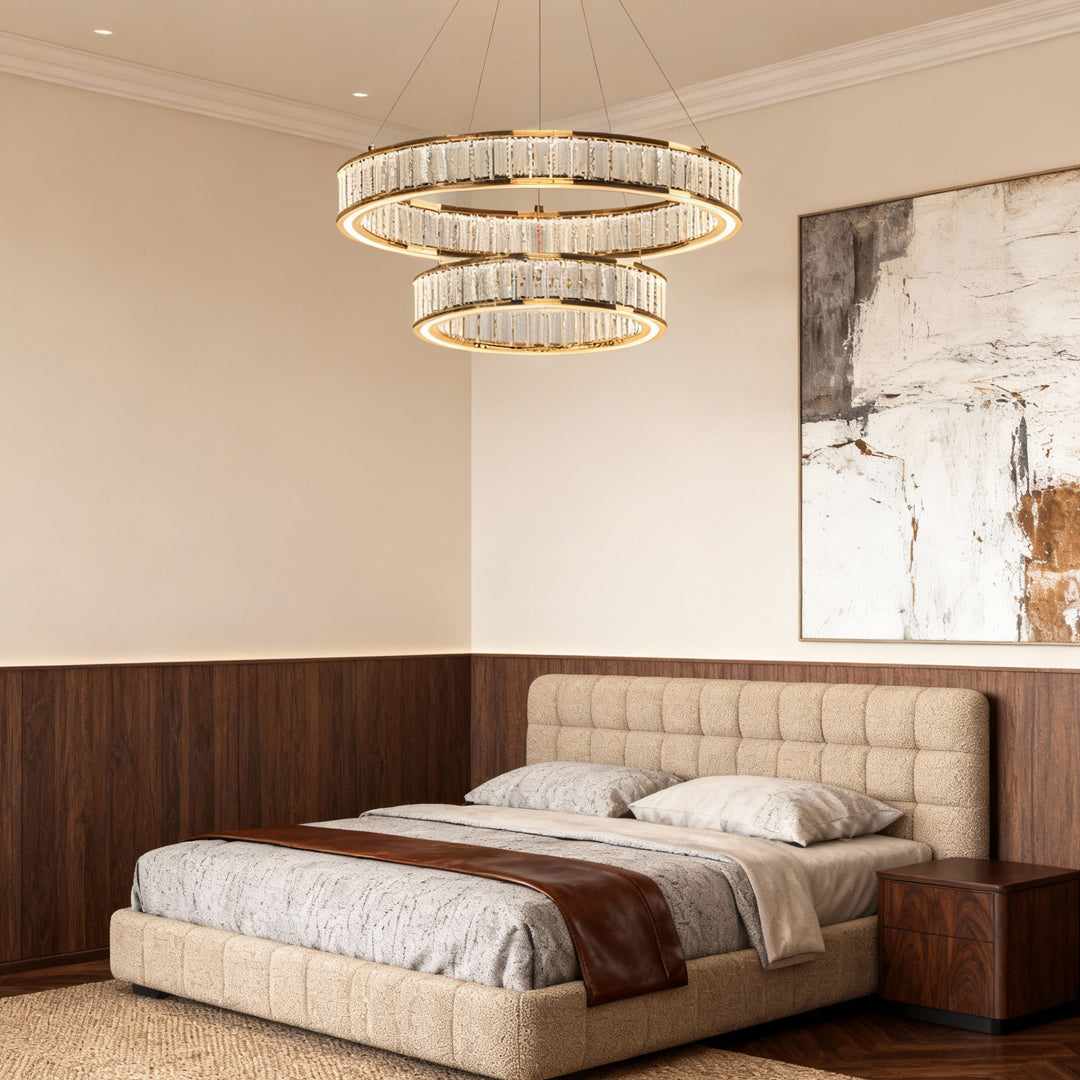 Aurelia Crystal Chandelier – Layered Gold Aluminum & LED Hanging Light