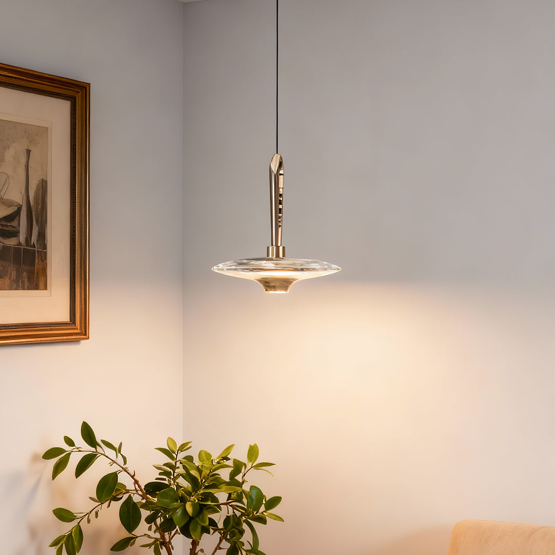 Crystal Pendant Light with Champagne Gold Frame, Adjustable LED Chandelier