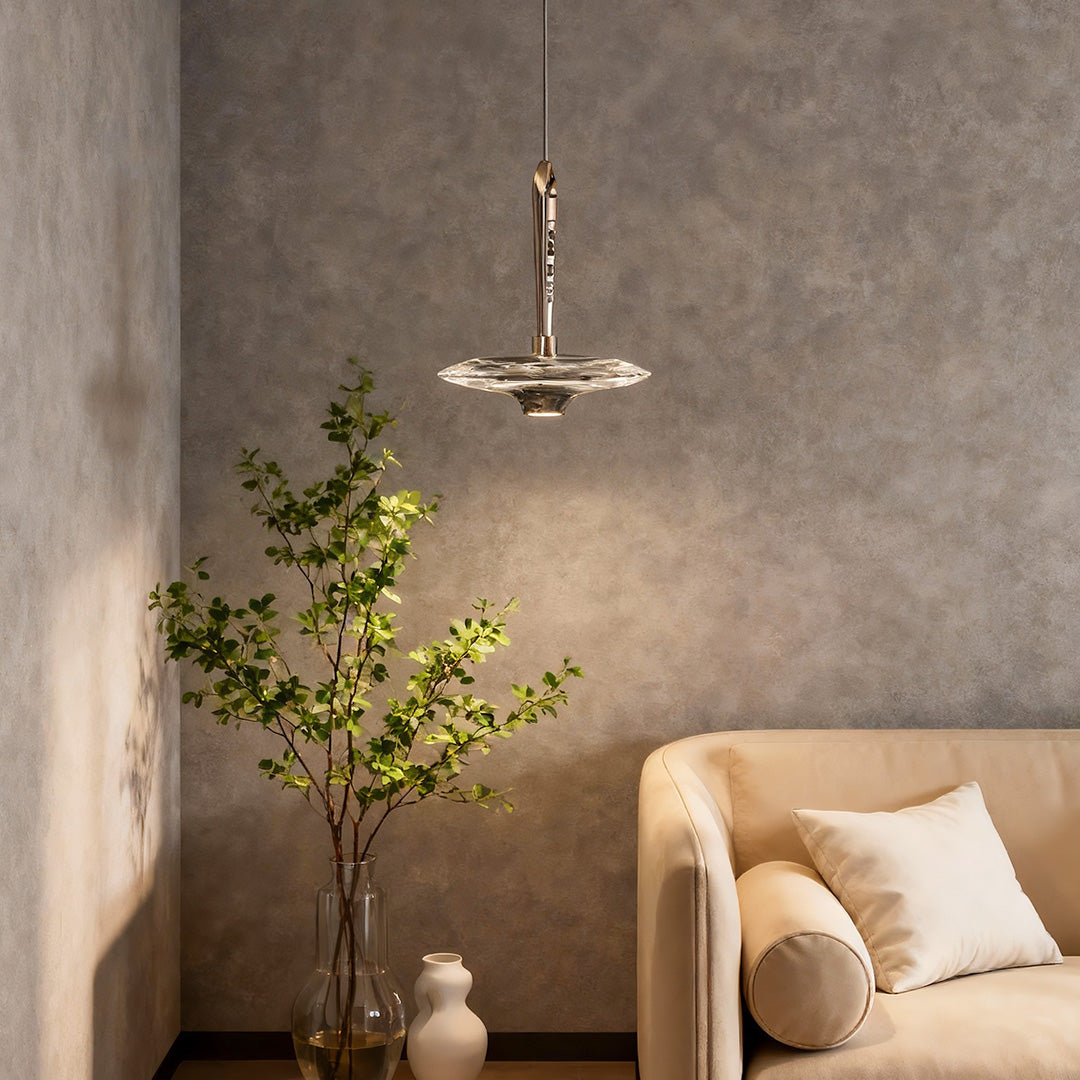 Crystal Pendant Light with Champagne Gold Frame, Adjustable LED Chandelier