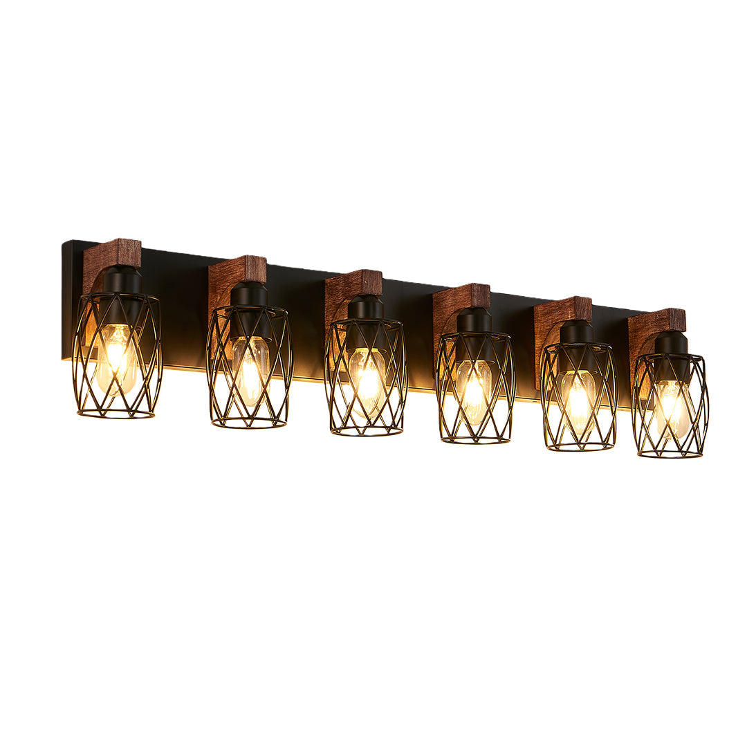 Black Metal Cage Vanity Light with Walnut Accents for Bathroom Mirror