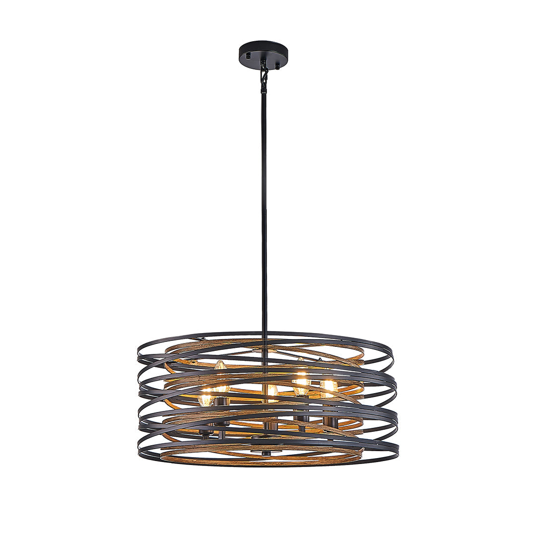 Walnut Accent Black Iron Drum Pendant Light, Adjustable Cylinder Ceiling Lamp