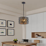Walnut Accent Black Iron Drum Pendant Light, Adjustable Cylinder Ceiling Lamp