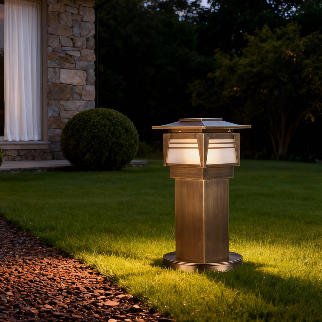 Solid Copper LED Bollard Garden Light with Clear Glass Shade, IP55 Waterproof Outdoor Lamp
