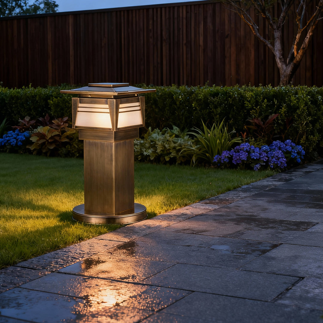 Solid Copper LED Bollard Garden Light with Clear Glass Shade, IP55 Waterproof Outdoor Lamp