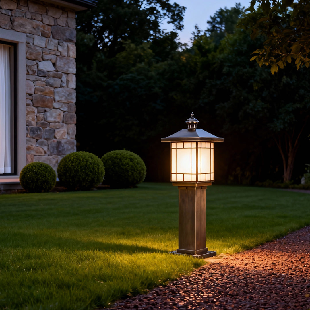 Solid Copper LED Bollard Landscape Light with Glass Shade, IP55 Waterproof for Garden Paths