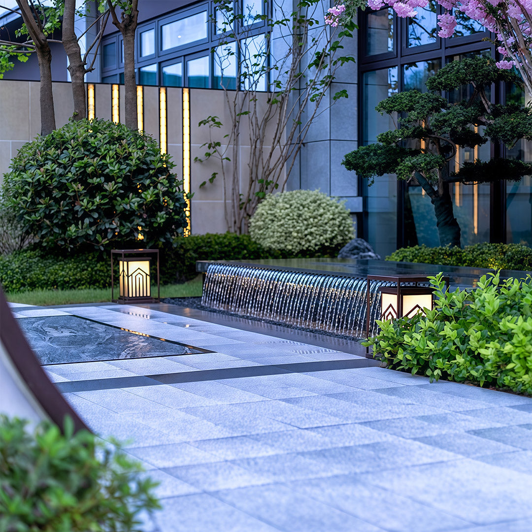 Outdoor Lantern Path Light in Black Stainless Steel with Marble-Effect Shade