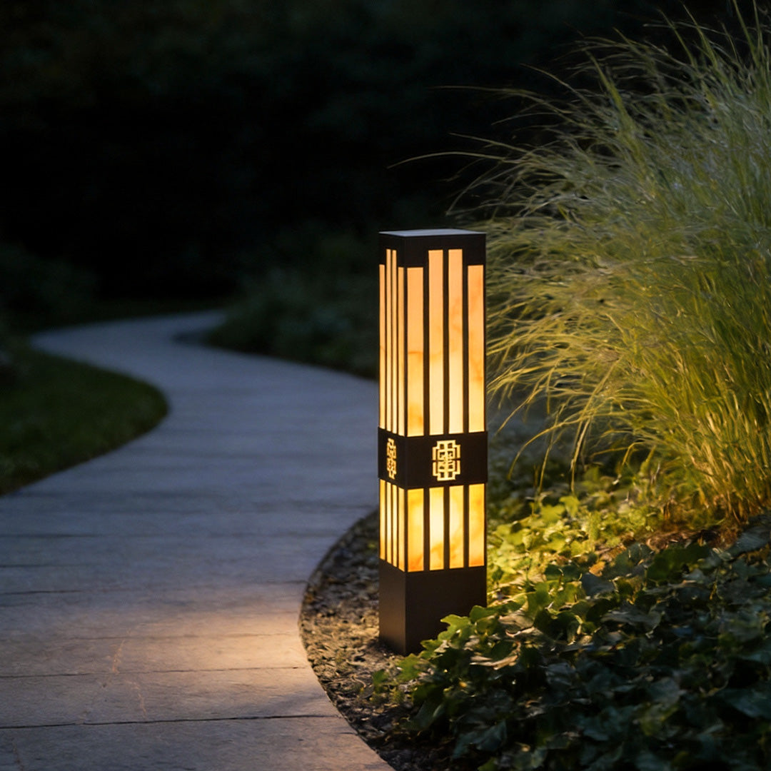 Marble Bollard Light with Striped-Cut Design for Outdoor Paths