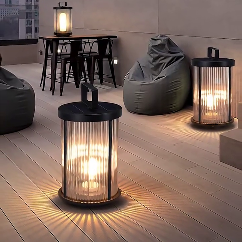 Ribbed Glass Solar Lantern with Stainless Steel Handle for Patio & Garden