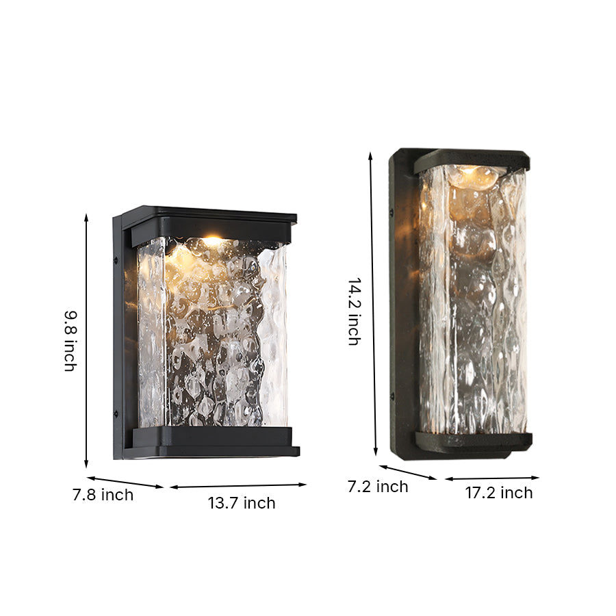 Modern Rectangular Outdoor Wall Sconce in Black Aluminum with Water-Drop Glass