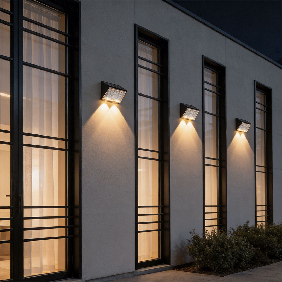 Modern Solar Motion Sensor Wall Lights, 4-Pack, Black Finish for Outdoor Spaces