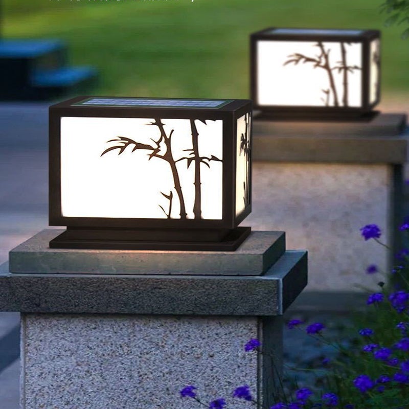 Solar-Powered LED Pillar Light with Bamboo-Texture Acrylic Shade