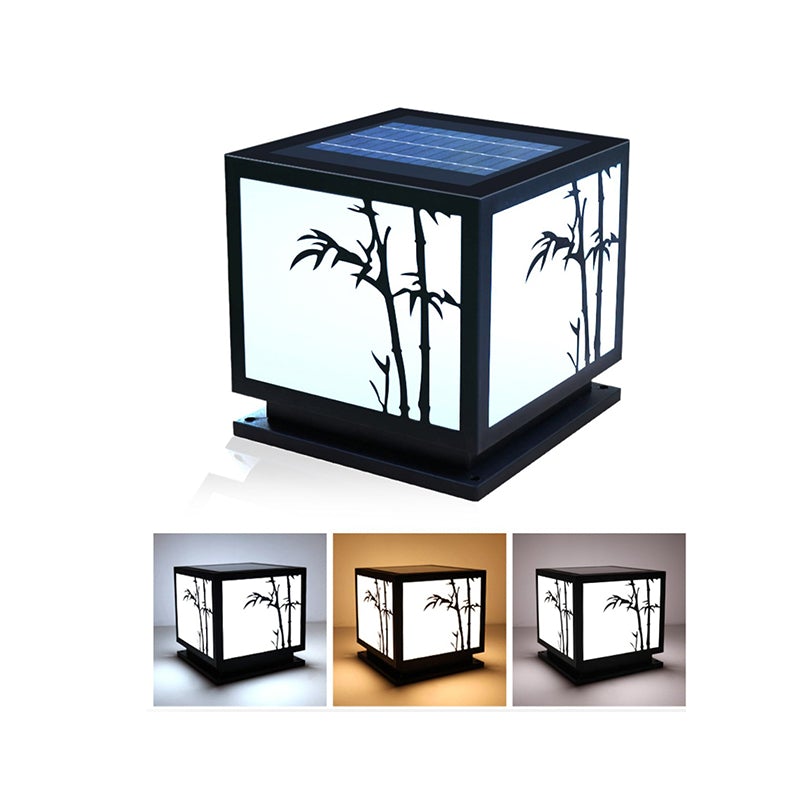 Solar-Powered LED Pillar Light with Bamboo-Texture Acrylic Shade