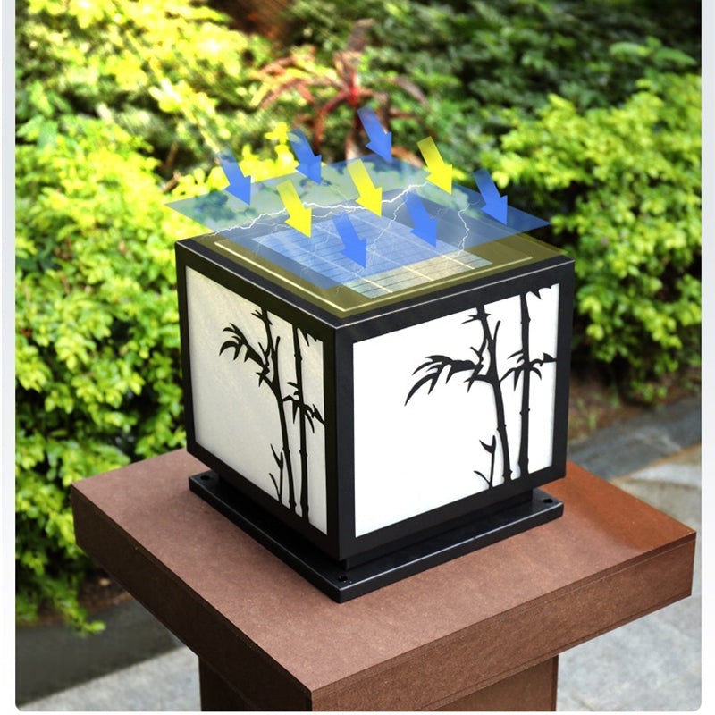 Solar-Powered LED Pillar Light with Bamboo-Texture Acrylic Shade