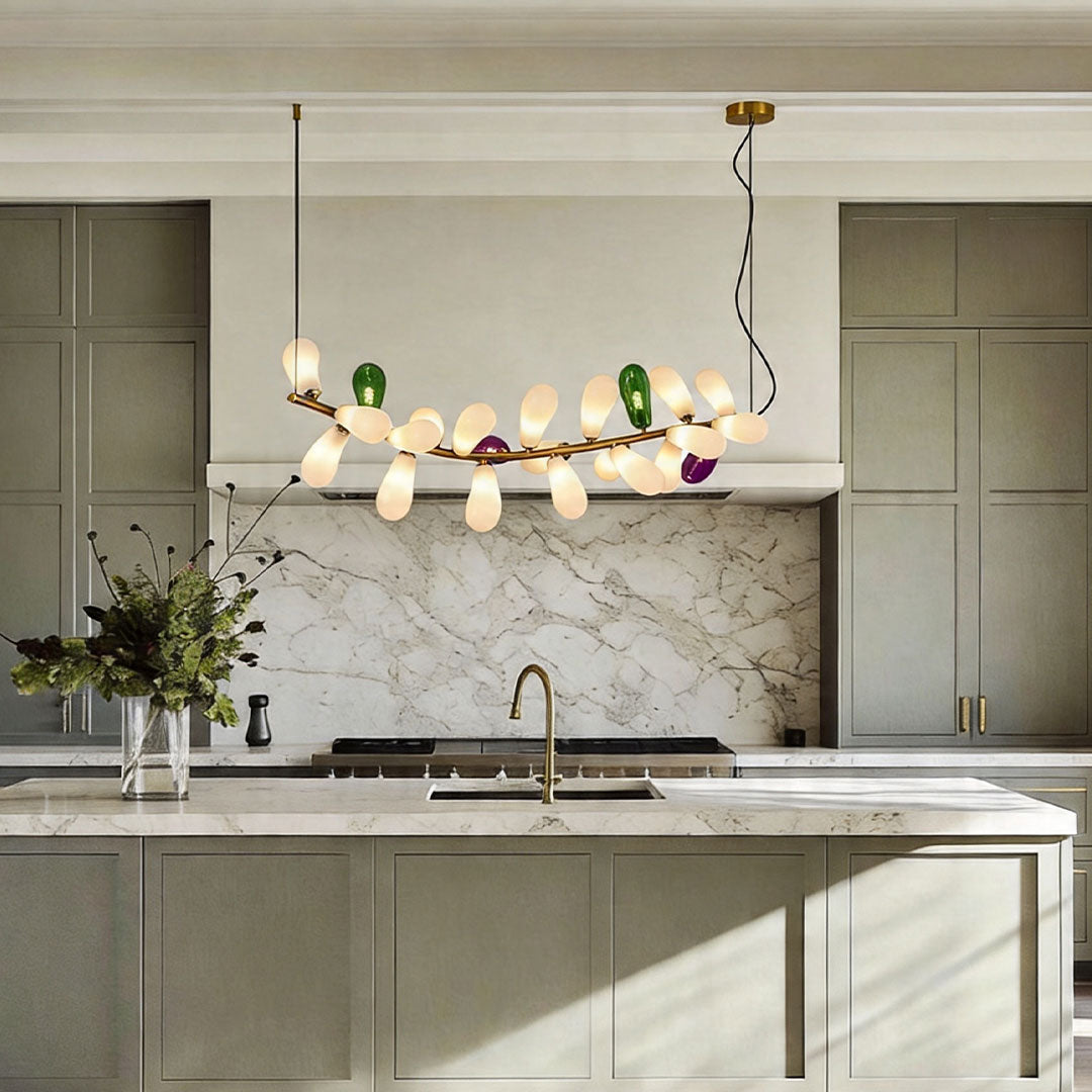 Artisan Colored Glass Chandelier with Brass Frame for Modern Interiors
