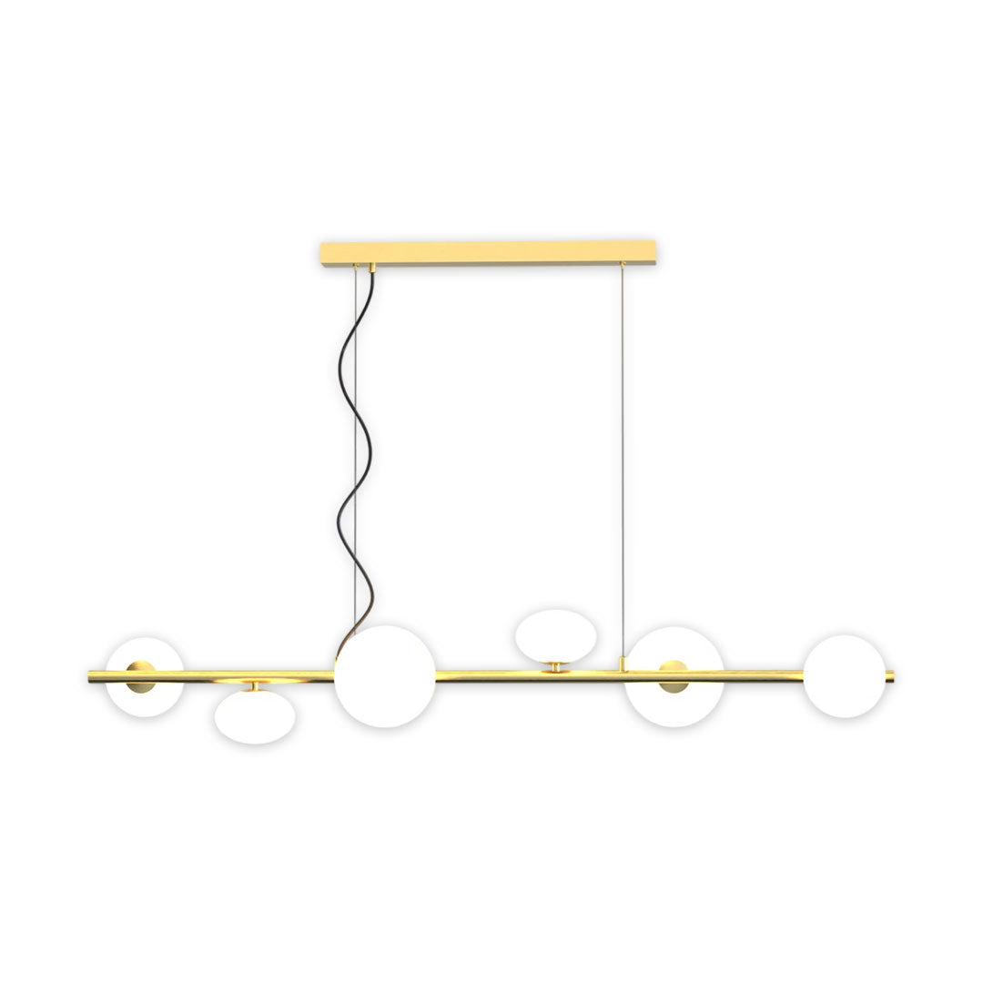 Linear Modern Chandelier with Six Glass Globes for Dining and Living Spaces