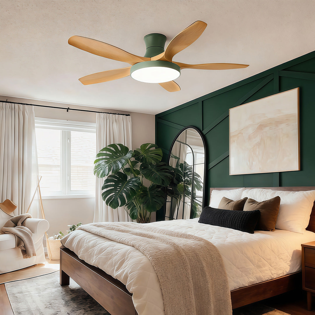 Modern Flush Mount Ceiling Fan with LED Light, 6-Speed Silent Reversible