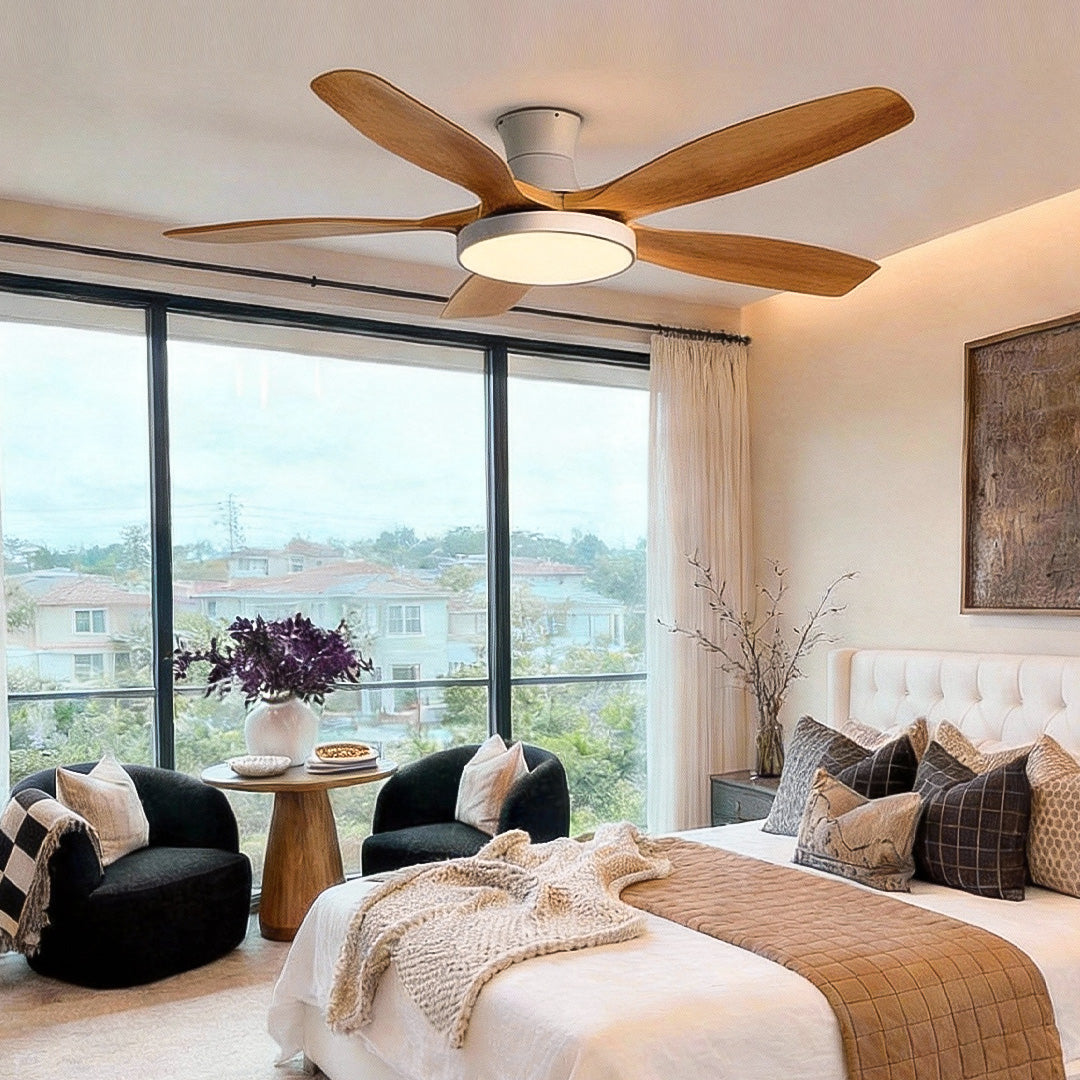Modern Flush Mount Ceiling Fan with LED Light, 6-Speed Silent Reversible