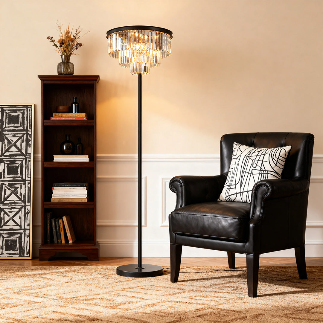 Crystal Floor Lamp with Black Iron Base – American Glamorous Standing Light