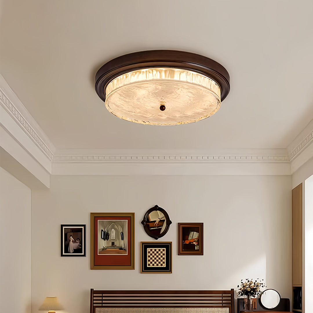 Artisan Wood Flush Mount Ceiling Light with Vintage Glass Shade