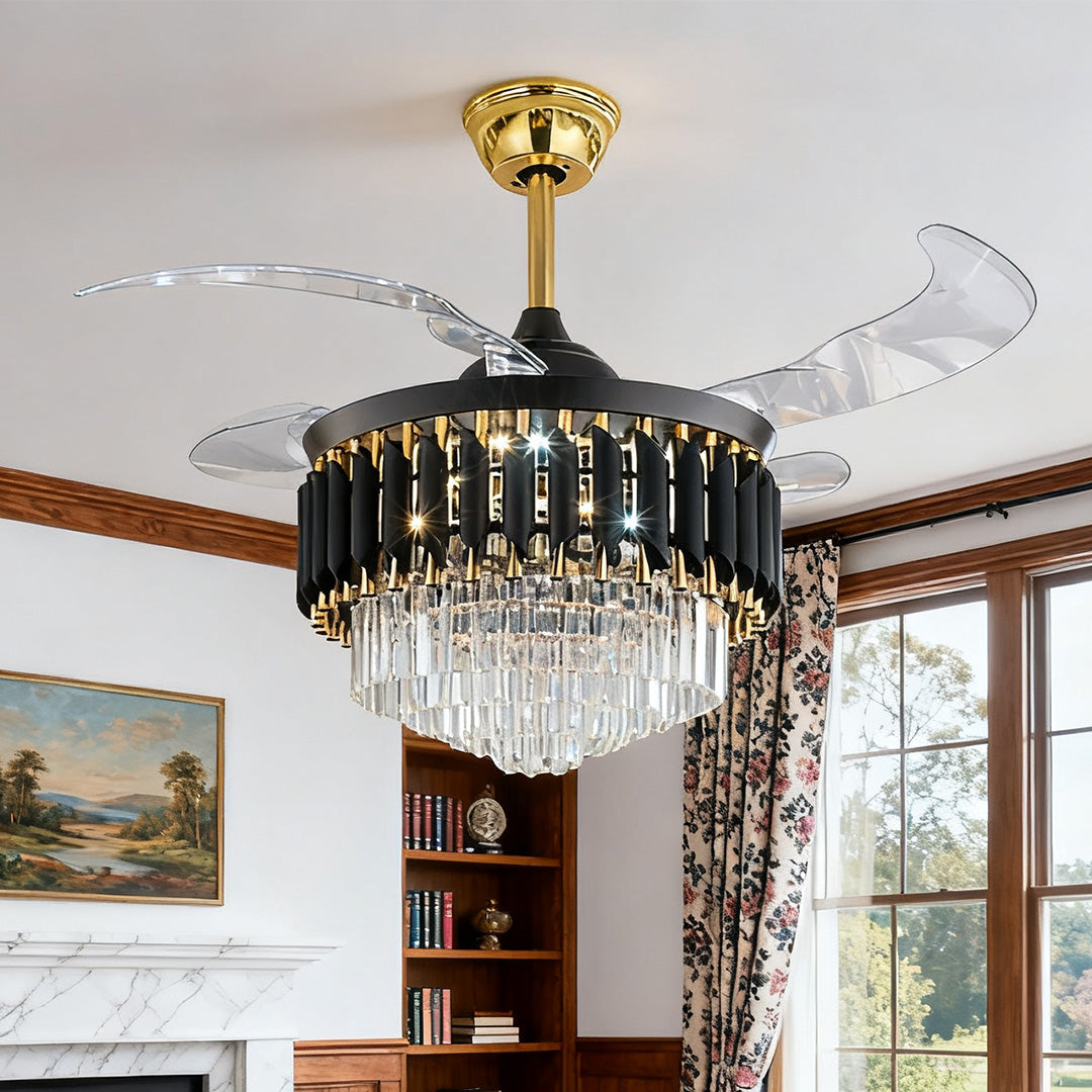 Luxury Black Ceiling Fan with Crystal Light and Transparent Blades
