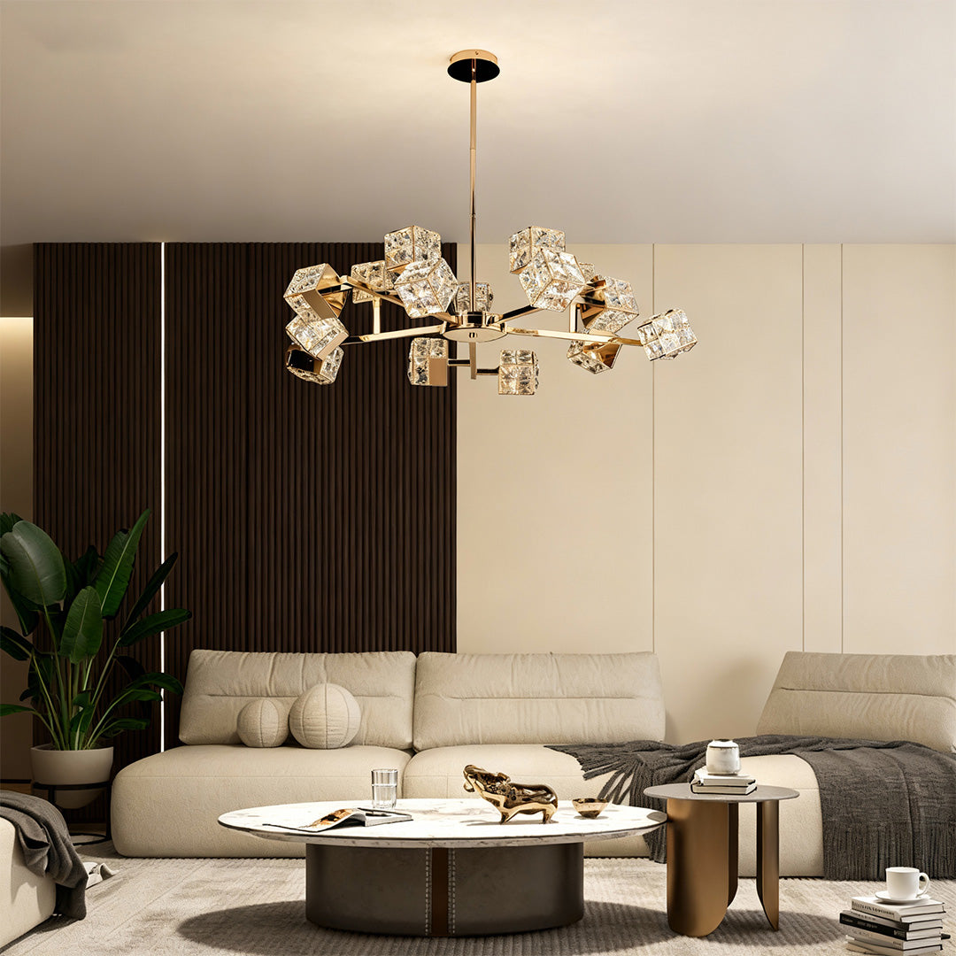 Modern Crystal Cube Chandelier in Champagne Gold for Living and Dining Spaces
