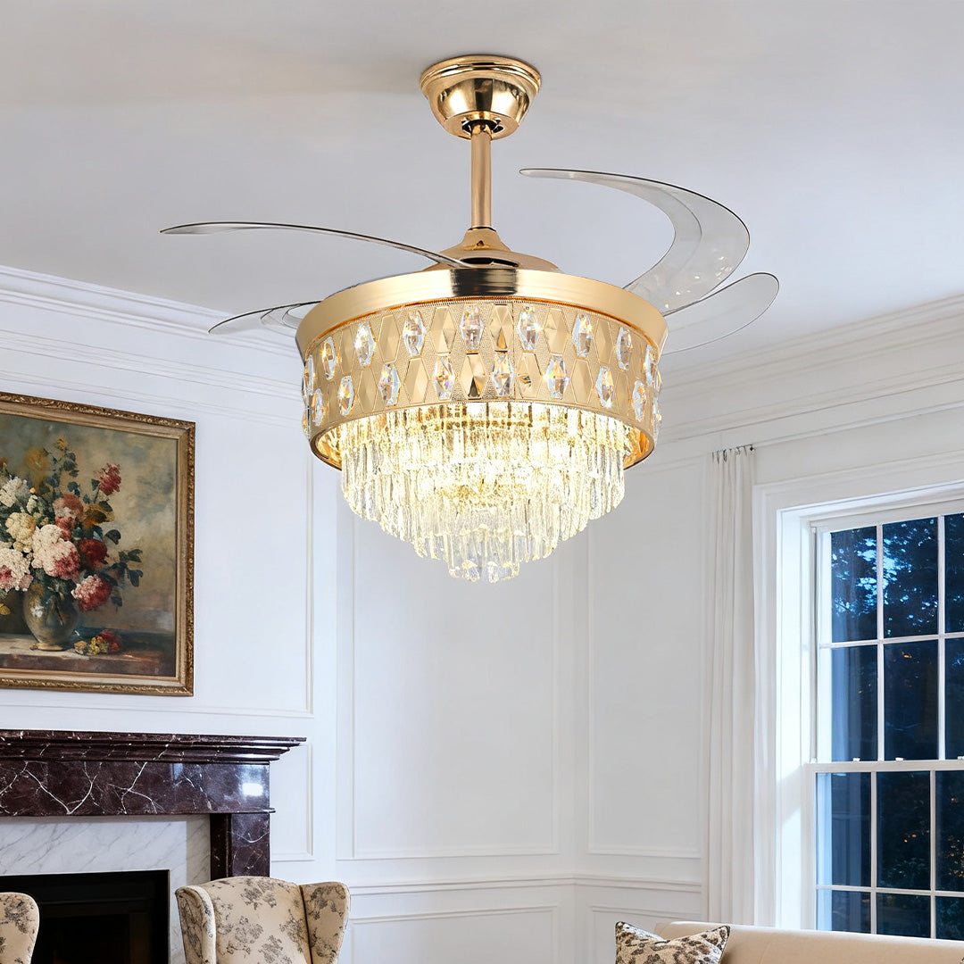 Luxury Crystal Ceiling Fan with Gold Iron Frame and Dimmable LED Light