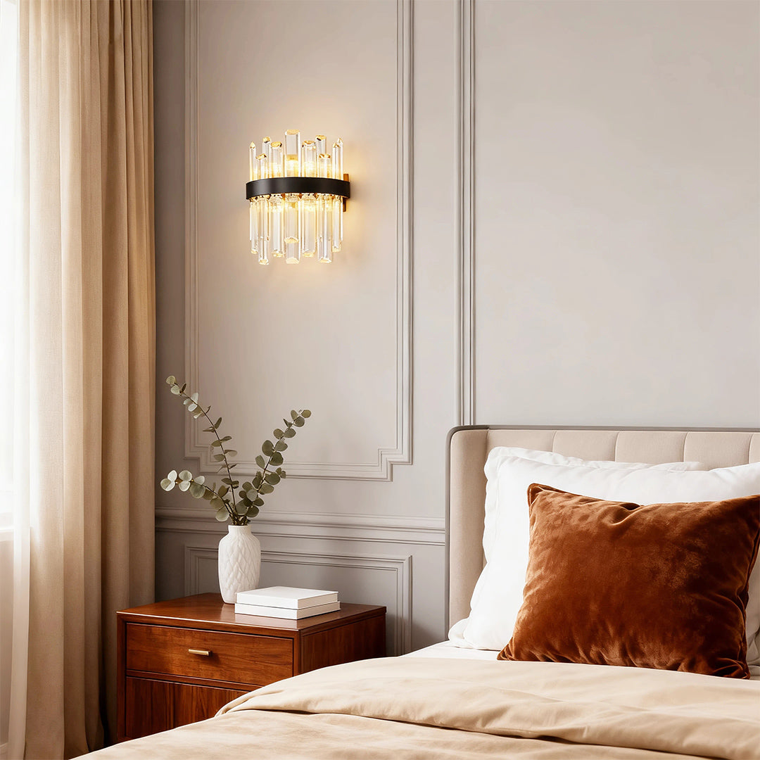 French Crystal Wall Sconce with Dual Light Heads in Copper, Nickel, or Black