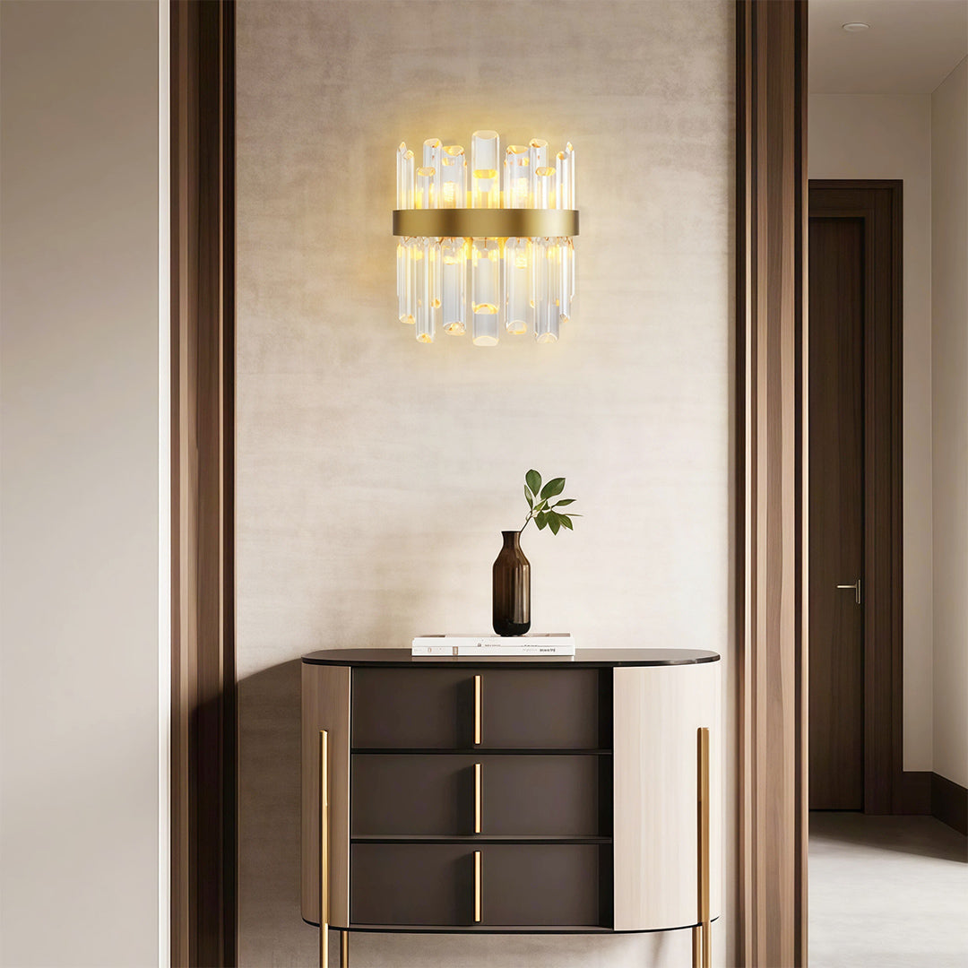 French Crystal Wall Sconce with Dual Light Heads in Copper, Nickel, or Black
