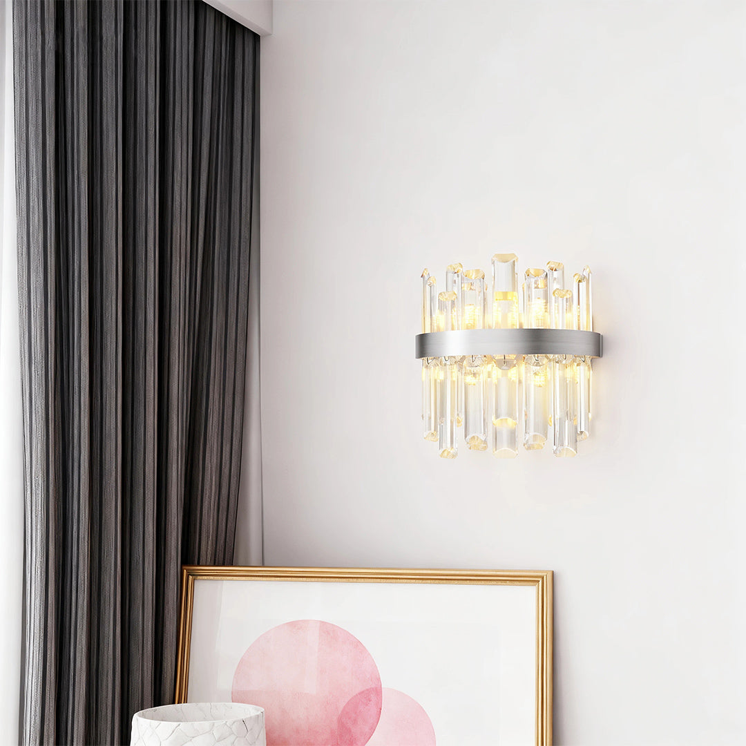 French Crystal Wall Sconce with Dual Light Heads in Copper, Nickel, or Black