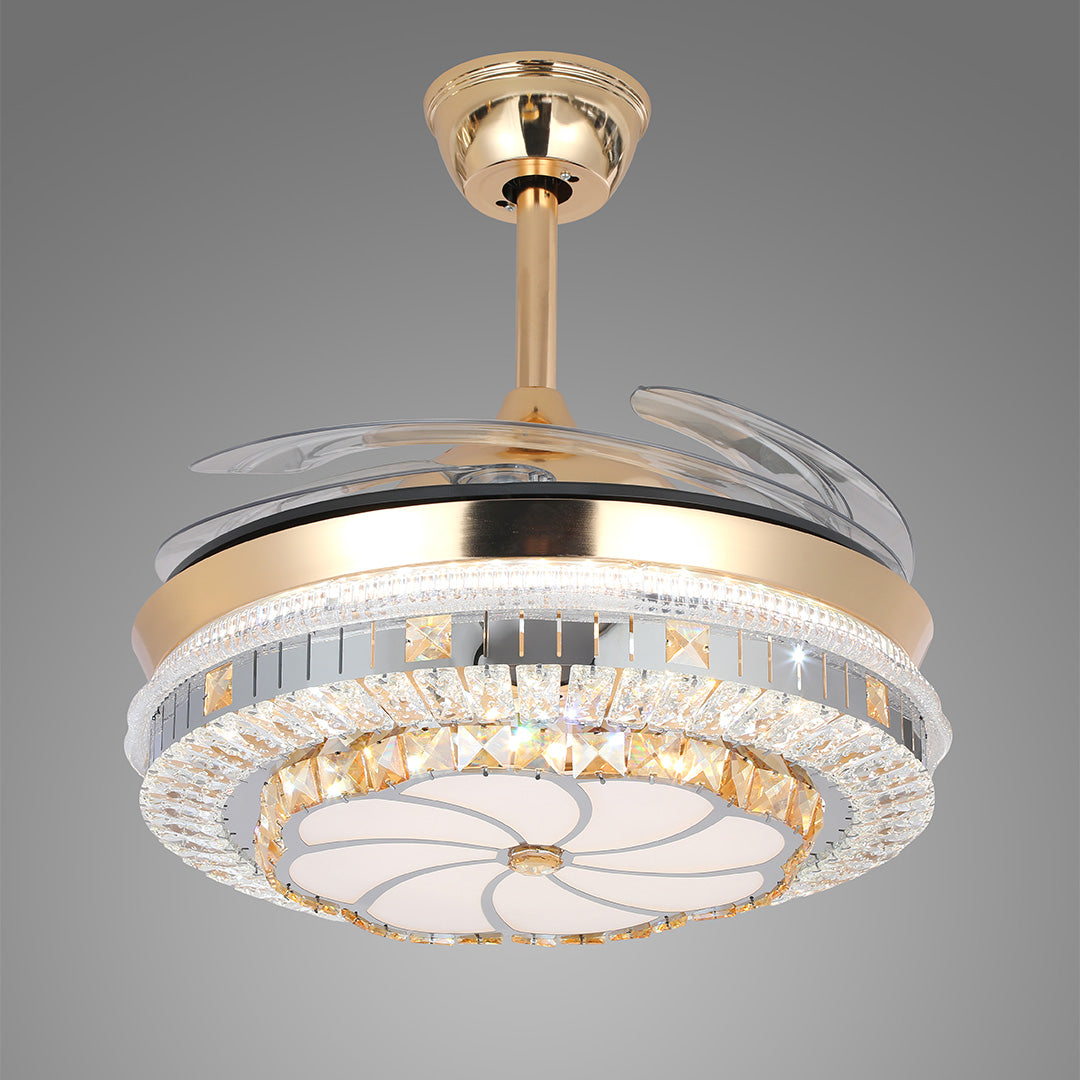 Lumina Gold Crystal Ceiling Fan with Dimmable LED Light, Modern 4-Blade Design
