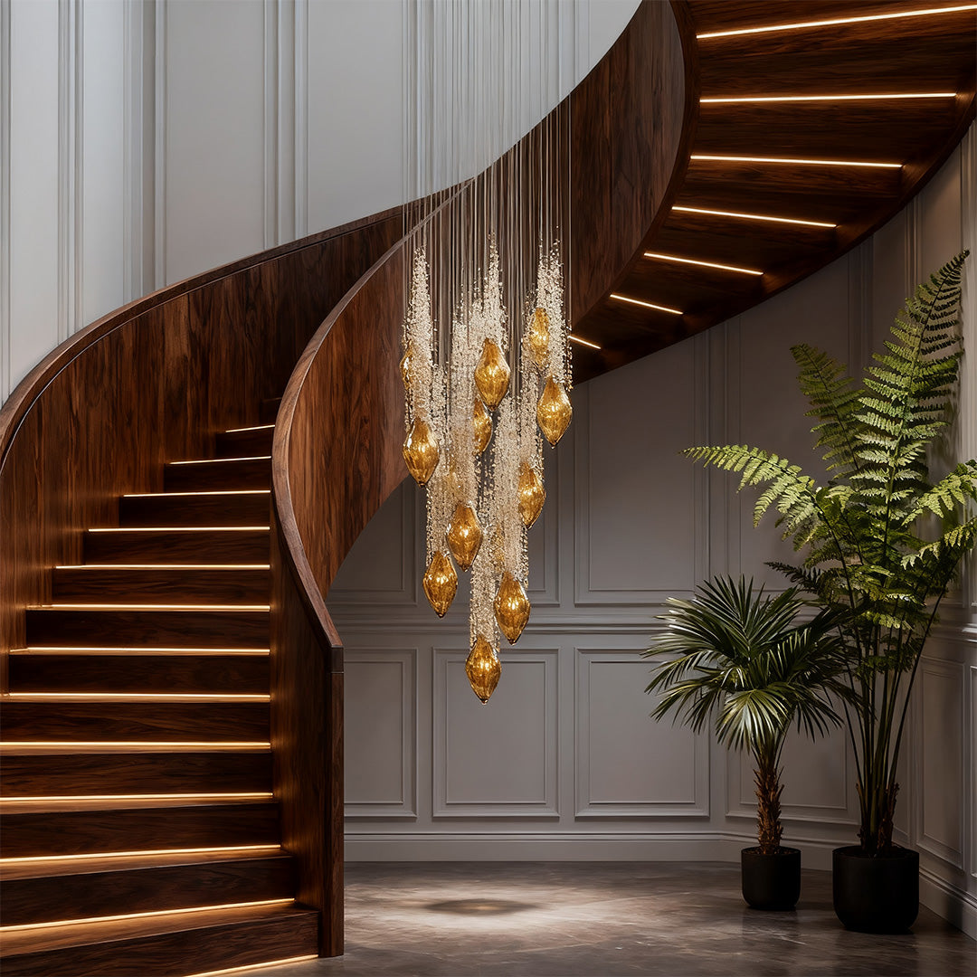 Cognac Crystal Staircase Chandelier – Modern Linear LED Pendant for Grand Interiors