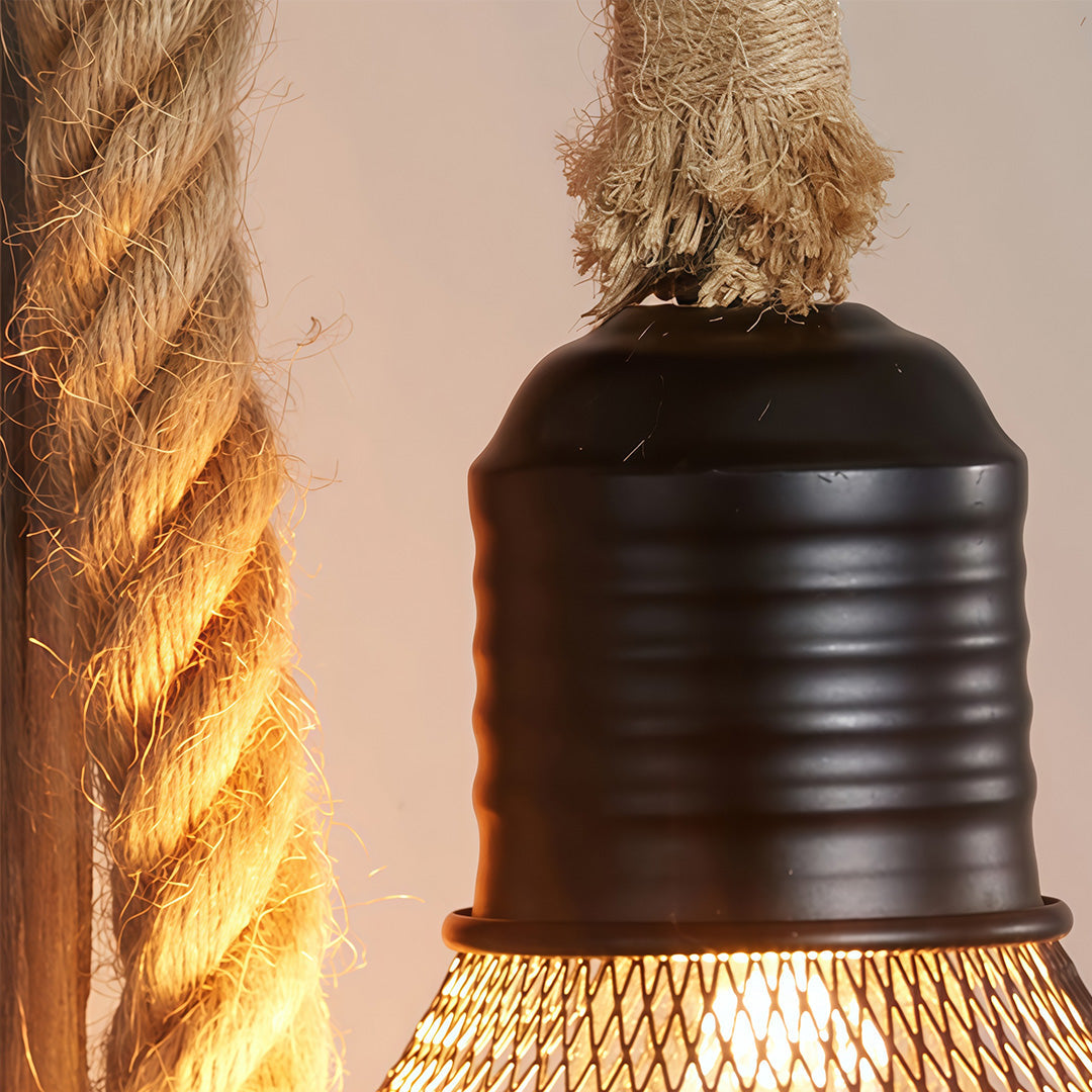 Rustic Iron Wall Sconce with Hemp Rope and Wood Accent