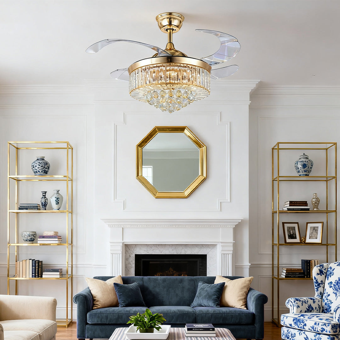 Crystal Ceiling Fan with Light – Gold Iron, European Luxury Design