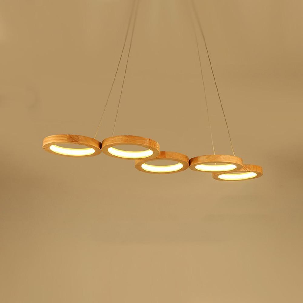 Modern Wood LED Chandelier with Four Ambient Rings for Dining and Living Spaces