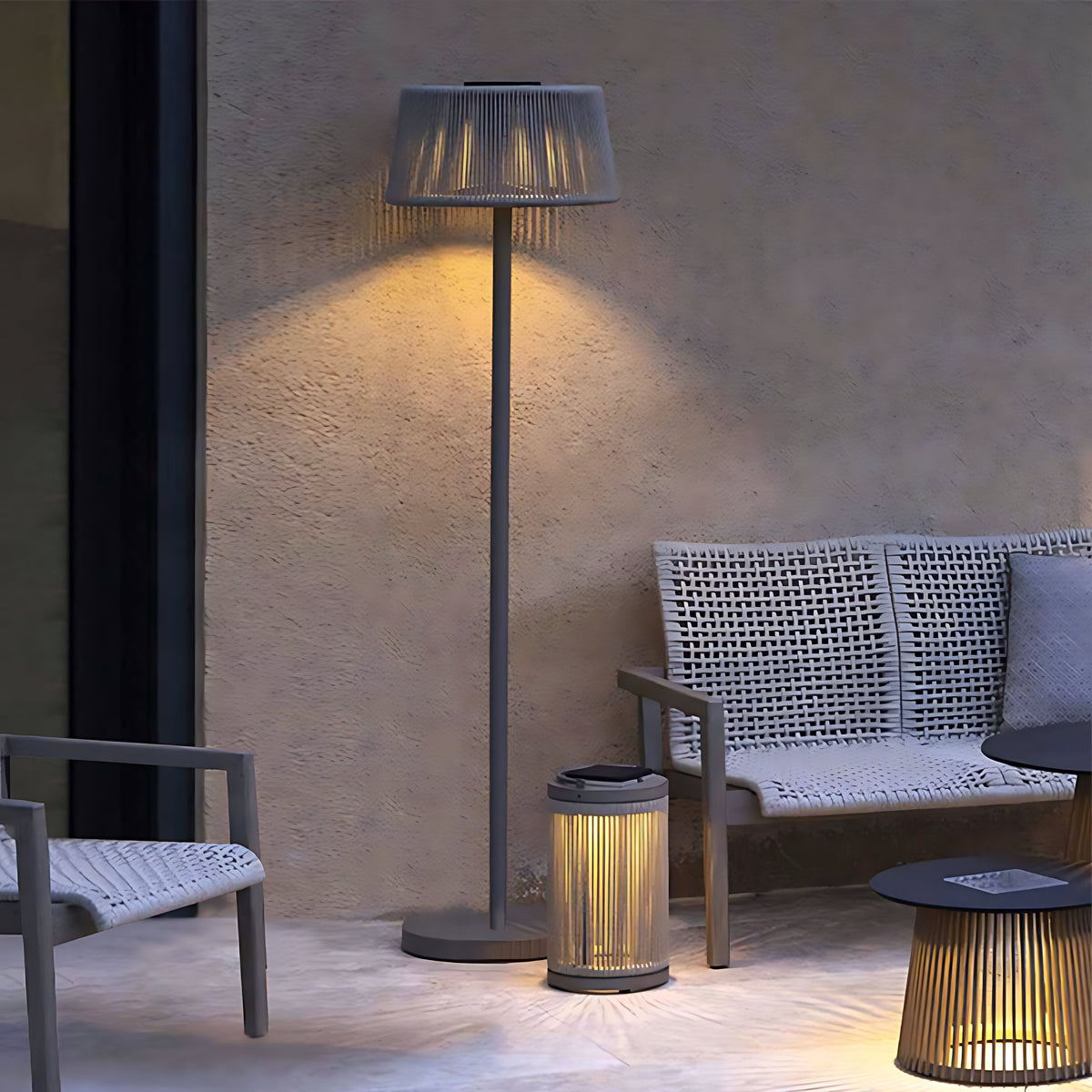 Handwoven Linen Outdoor Floor Lamp with Solar and Plug-In Options