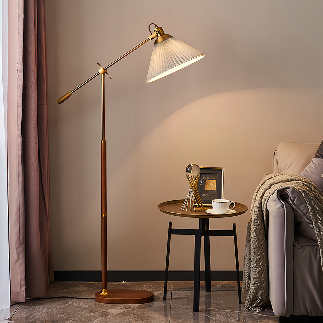 Swing Arm Floor Lamp with Pleated Shade and Solid Ash Wood Base